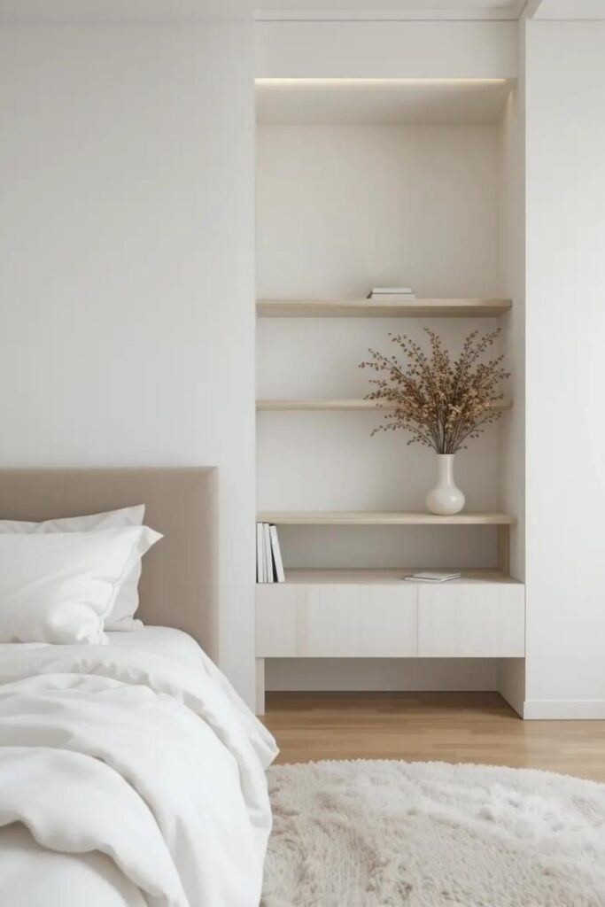 minimalist neutral bedroom with well-spaced furniture and shelves.