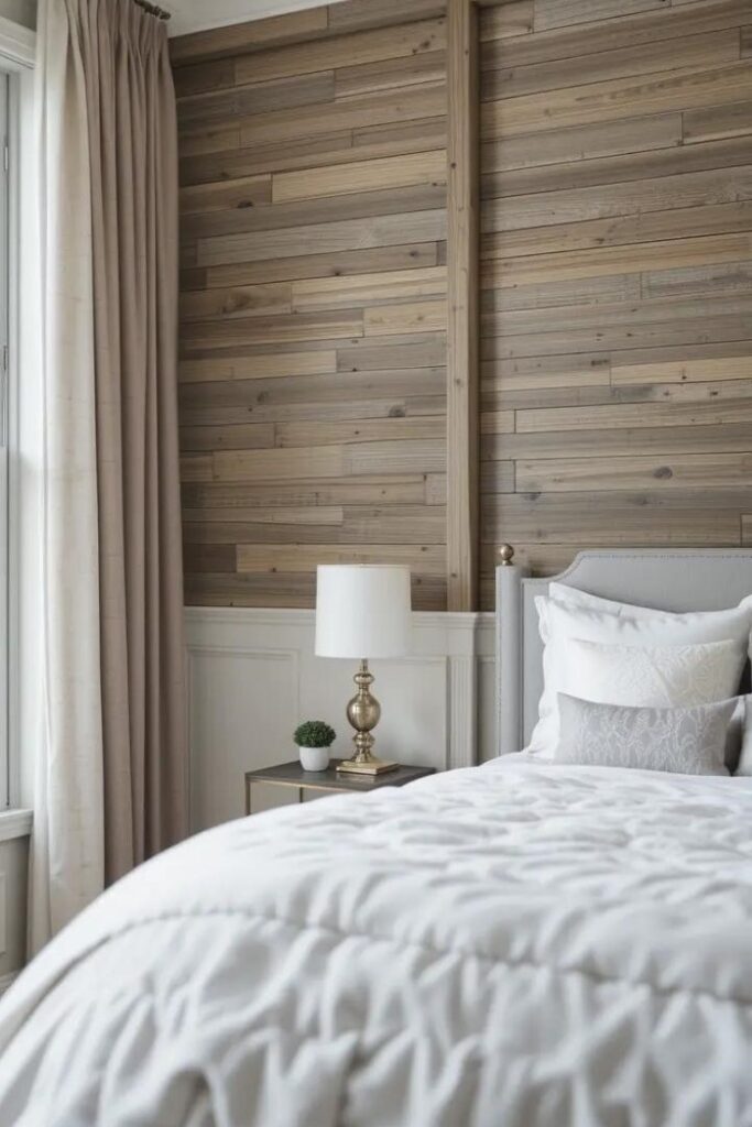 neutral bedroom with a textured shiplap accent wall.