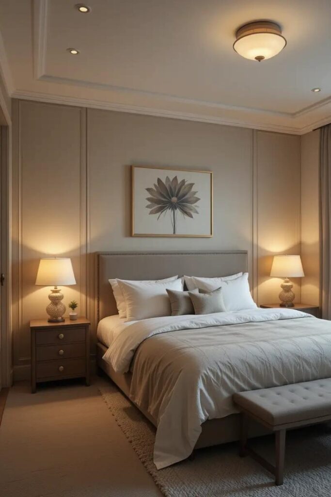 neutral bedroom with warm bedside lamps, a dimmable ceiling fixture.