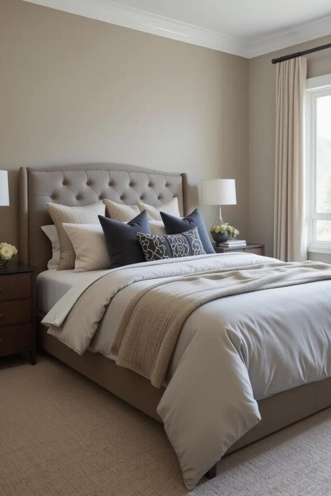 neutral bedroom with ivory bedding set against taupe walls. Charcoal accent pillows rest on a light gray duvet.