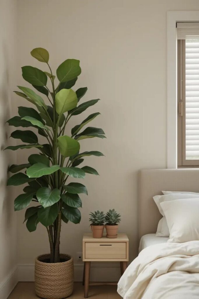 neutral bedroom with a tall fiddle-leaf fig plant in the corner and potted succulents on the nightstand.