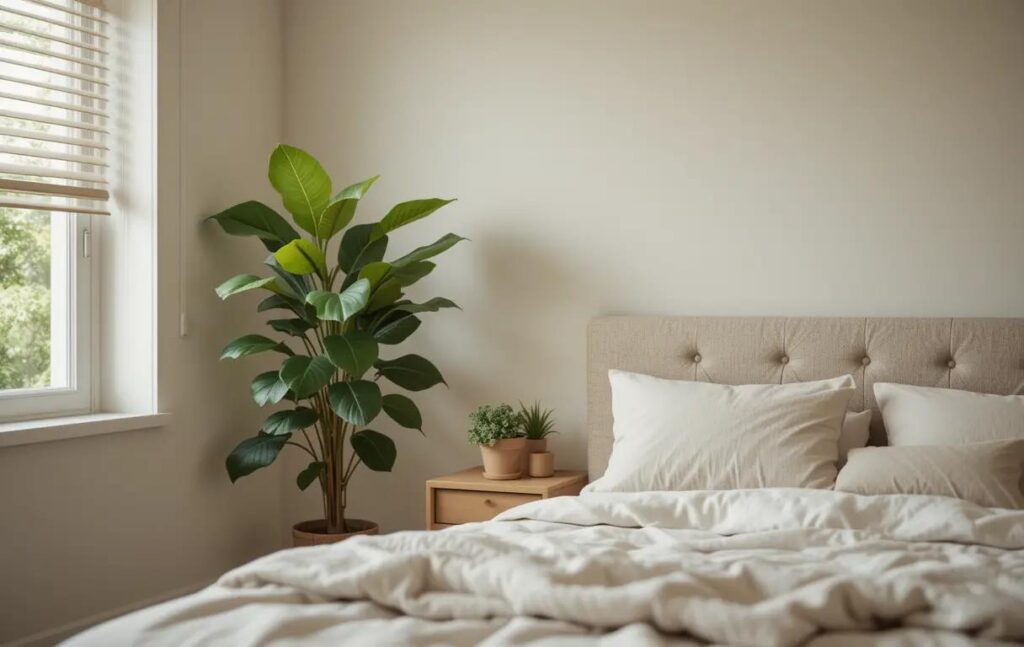 neutral bedroom with a tall fiddle-leaf fig plant in the corner, potted succulents on the nightstand.