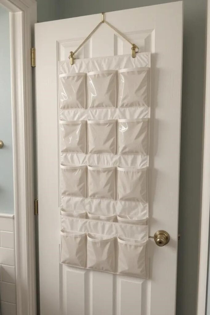 white bathroom door with over-the-door organizer featuring multiple pockets.