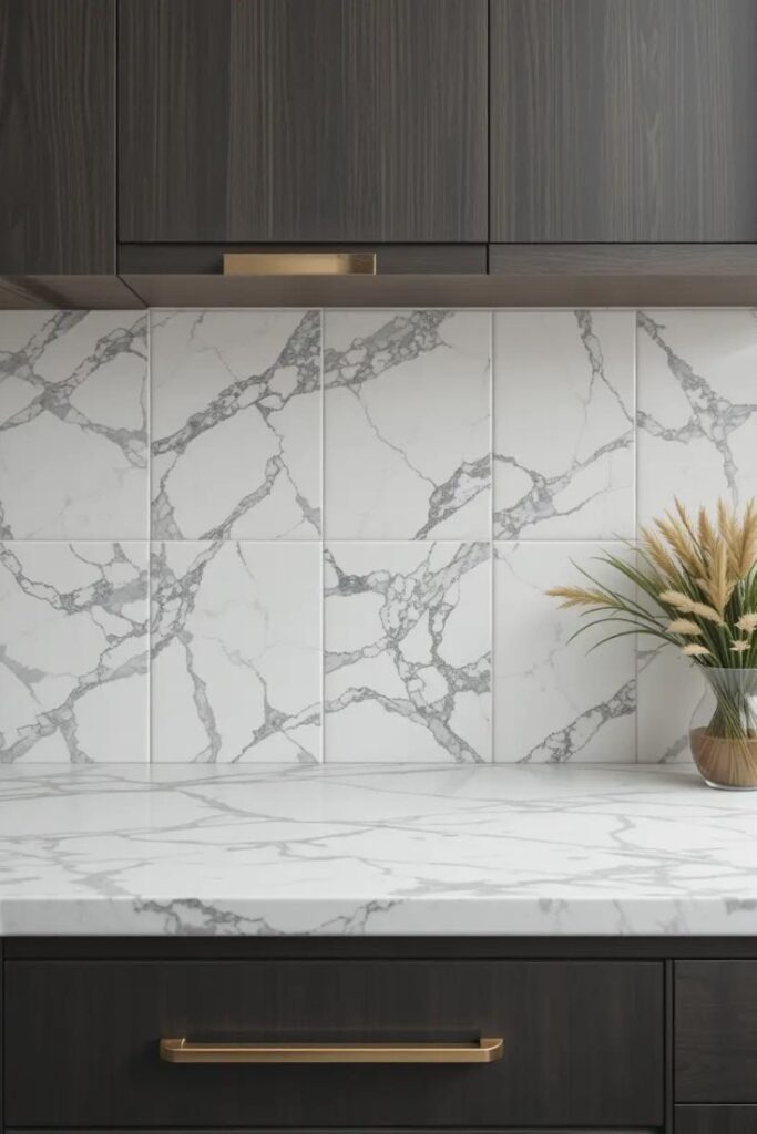 peel-and-stick tiles in a marble pattern backsplash of a kitchen.