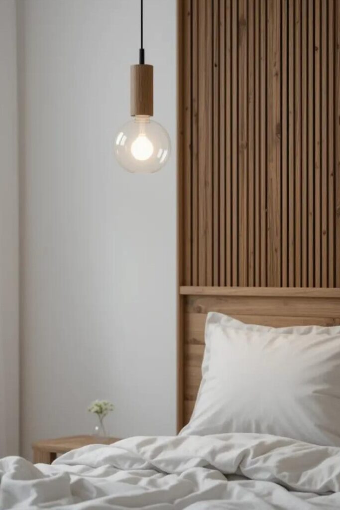 Modern pendant light with wooden elements hanging beside a minimalist bed.
