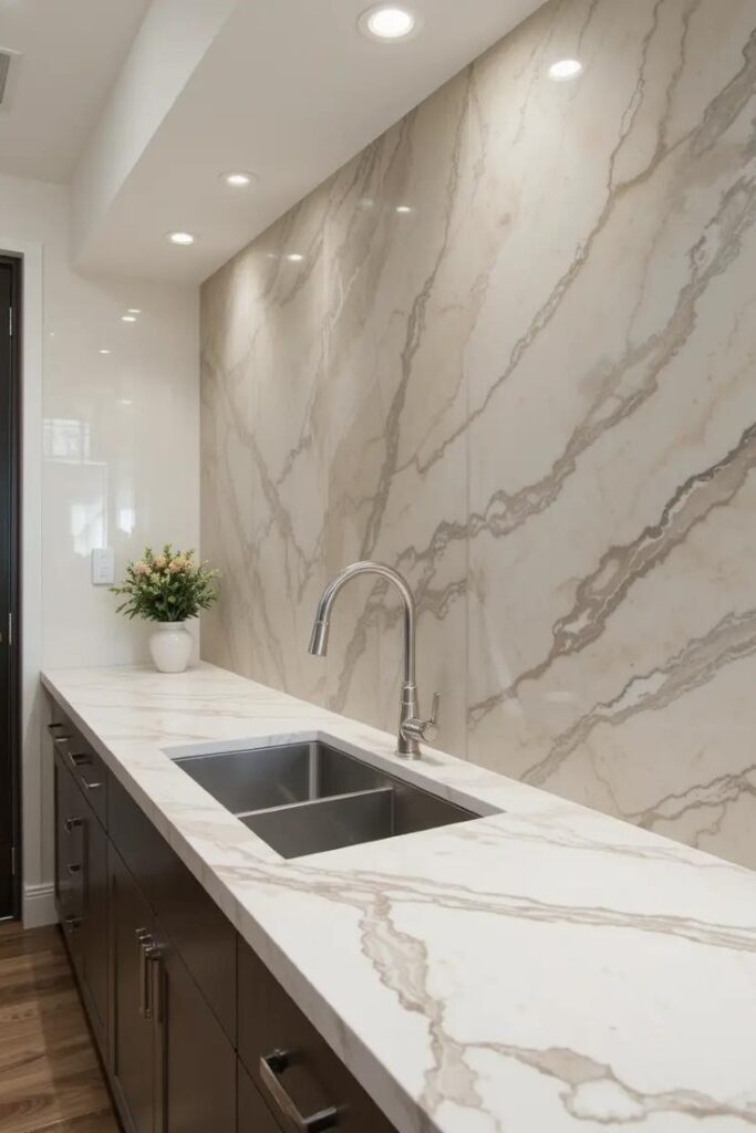 quartz backsplash extending from countertop to ceiling, with soft beige tones.