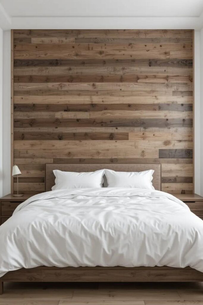 reclaimed wood headboard wall extending full height behind minimalist bed with crisp white bedding.