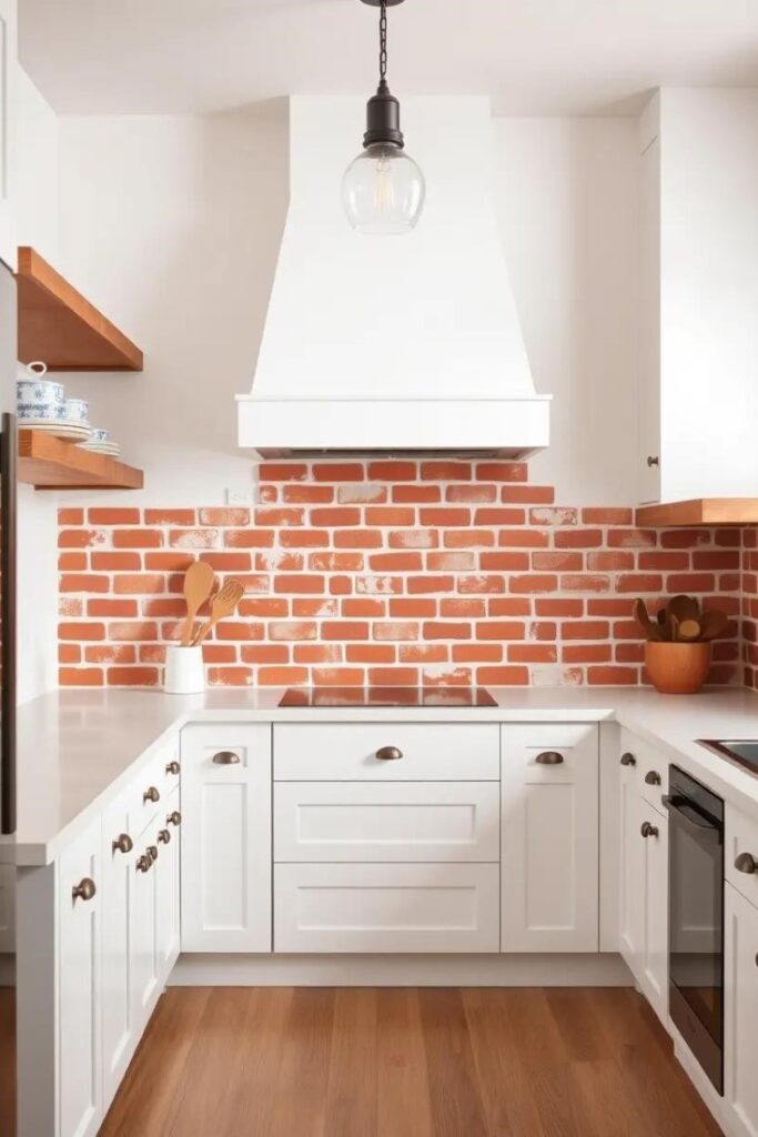 rustic farmhouse kitchen with a warm, red brick backsplash.