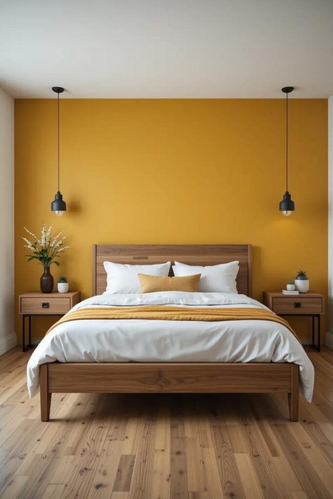 modern rustic bedroom combining mustard yellow elements with warm wooden tones.