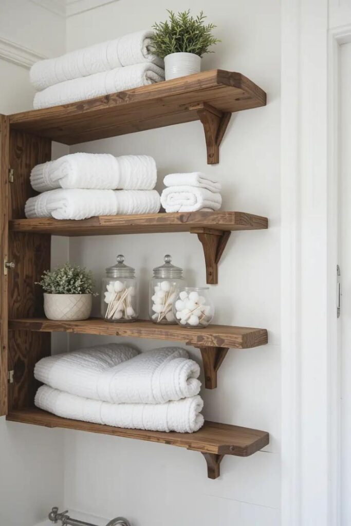 A farmhouse bathroom with open wooden shelves neatly arranged with white towels.