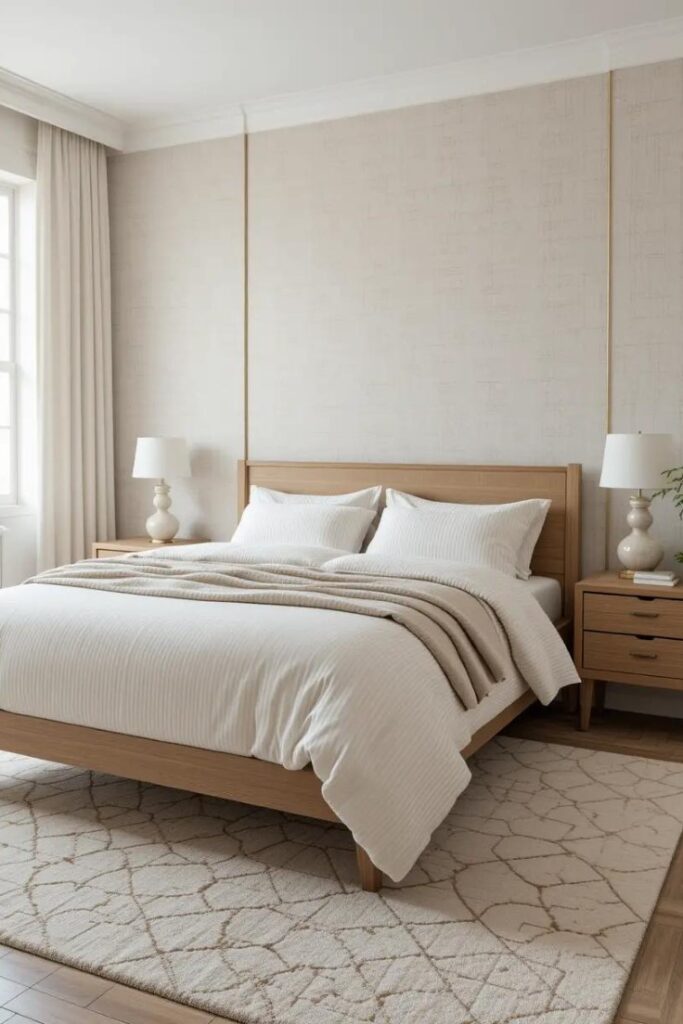 neutral bedroom with a soft-tone-on-tone striped duvet, a geometric rug in coordinating neutrals.