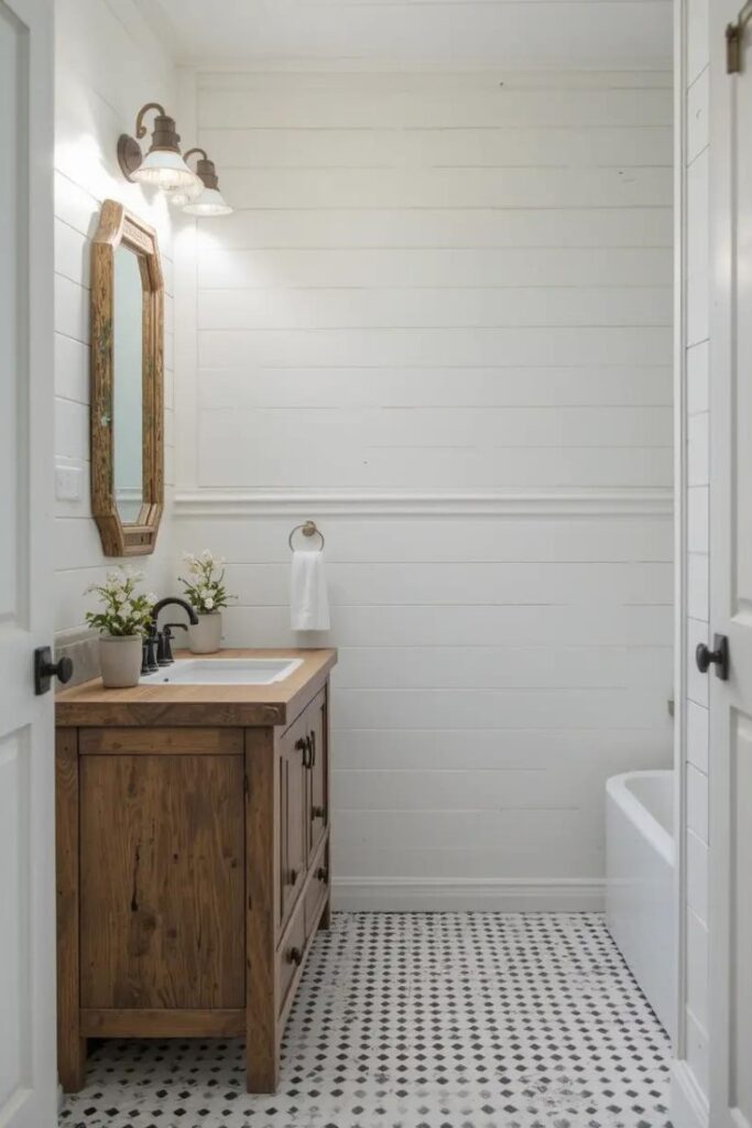 farmhouse bathroom with white shiplap walls and a rustic wooden vanity.