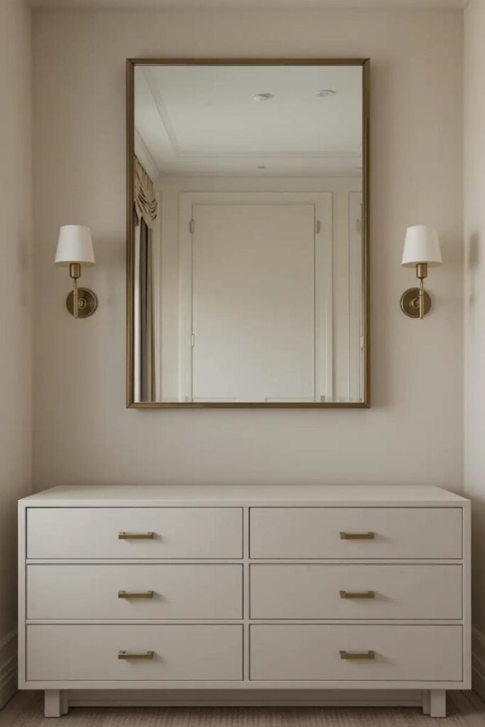 silver drawer pulls, a bronze mirror frame.