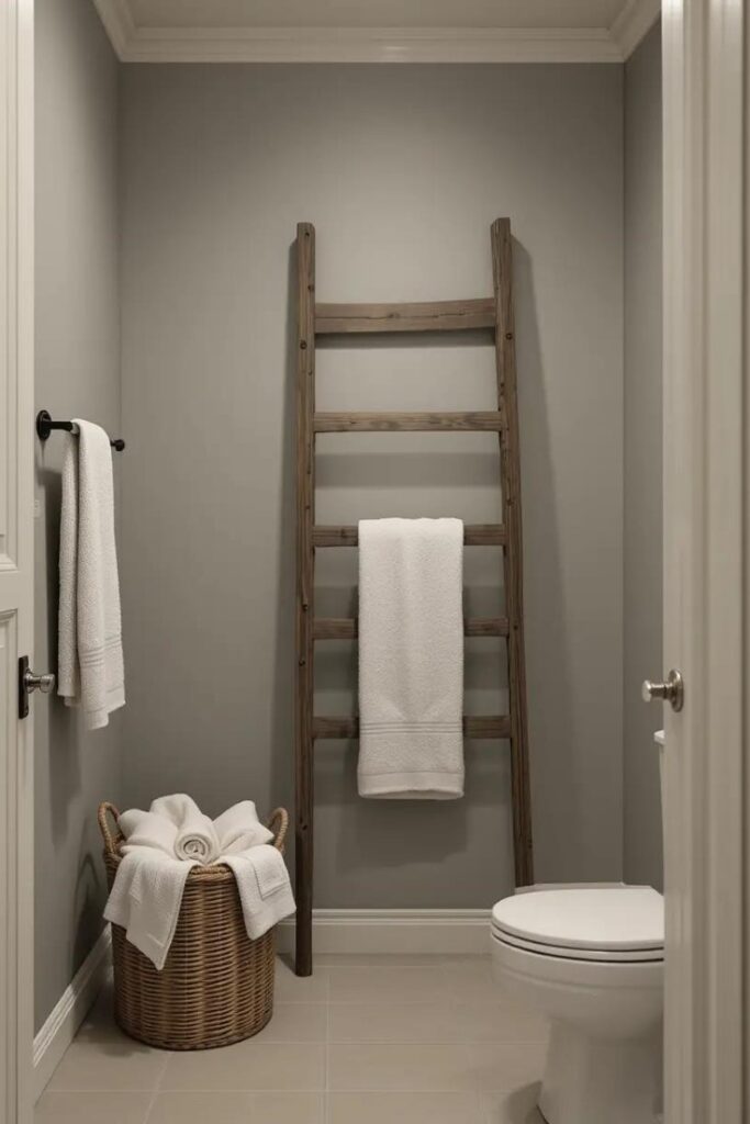 small bathroom featuring a ladder shelf with neatly rolled towels, a wall-mounted towel bar, and a decorative basket holding extra towels.
