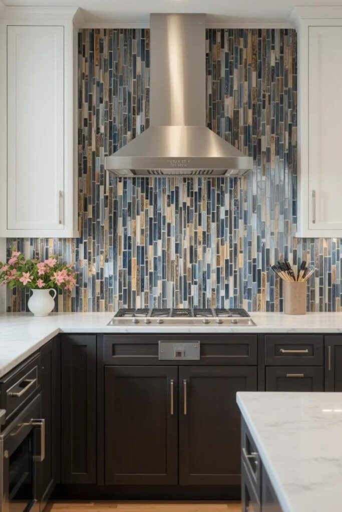 kitchen's vertical backsplash tiles.