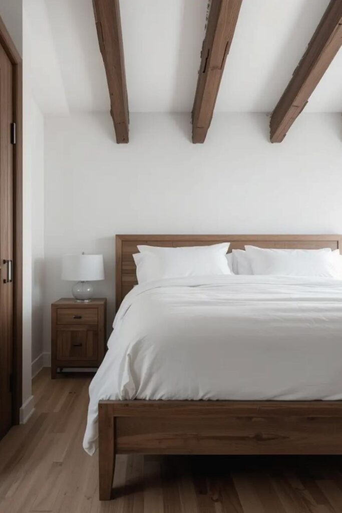 Minimalist white bedroom with striking exposed wooden ceiling beams in walnut finish.