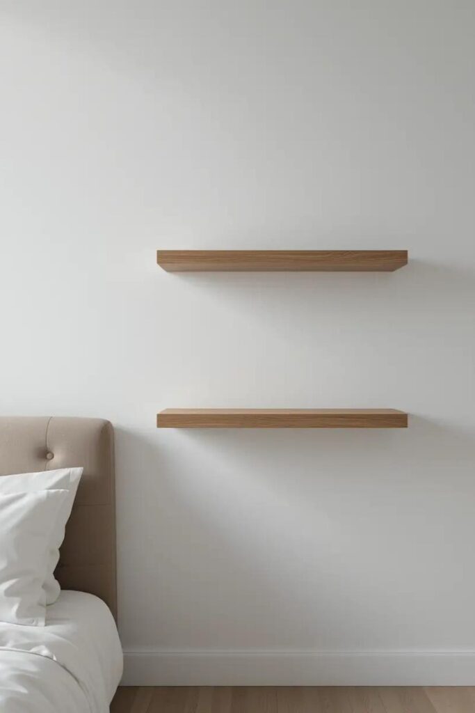 Minimalist white bedroom with two carefully styled floating wood shelves against white wall.