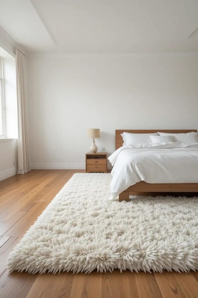 Warm wood flooring in minimalist bedroom with plush high-pile white area rug extending beyond bed.