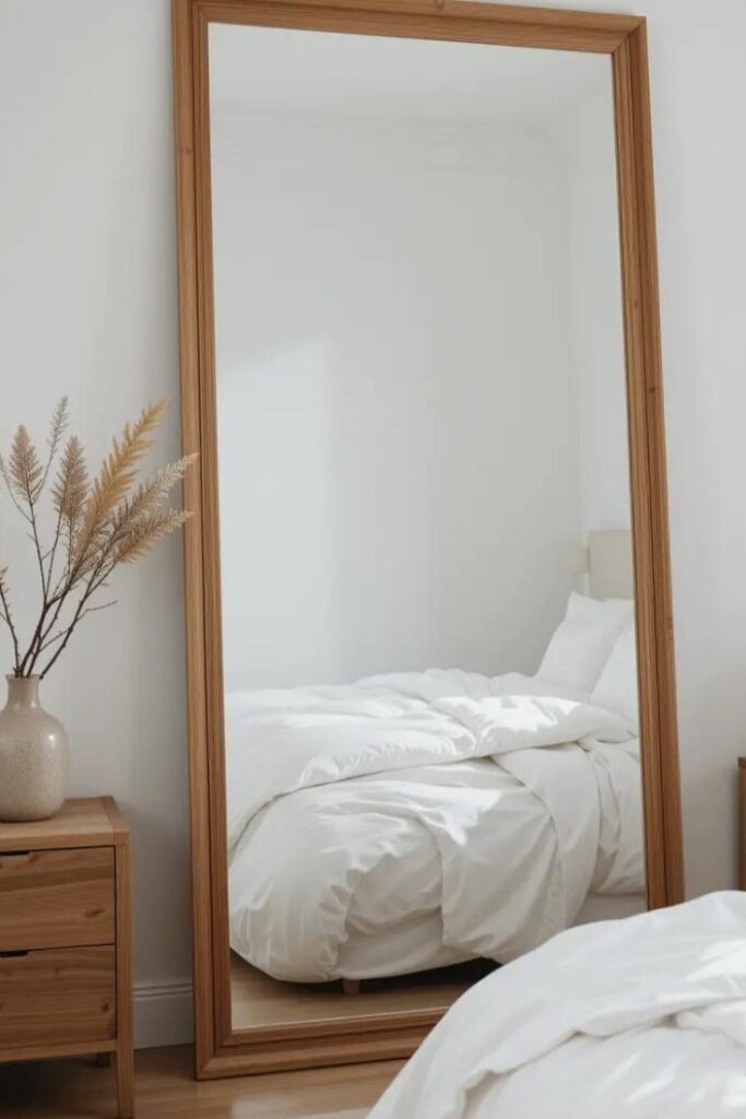 minimal wood-framed mirror leaning against white wall in bedroom.