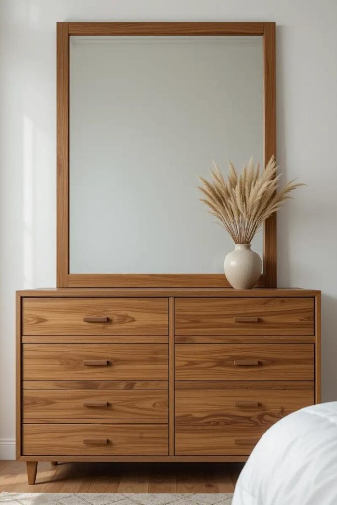 wooden dresser with minimal hardware in medium wood tone in a bedroom.