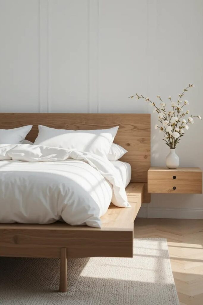 A low-profile wooden platform bed with medium oak finish against white walls for a white and wood bedroom.