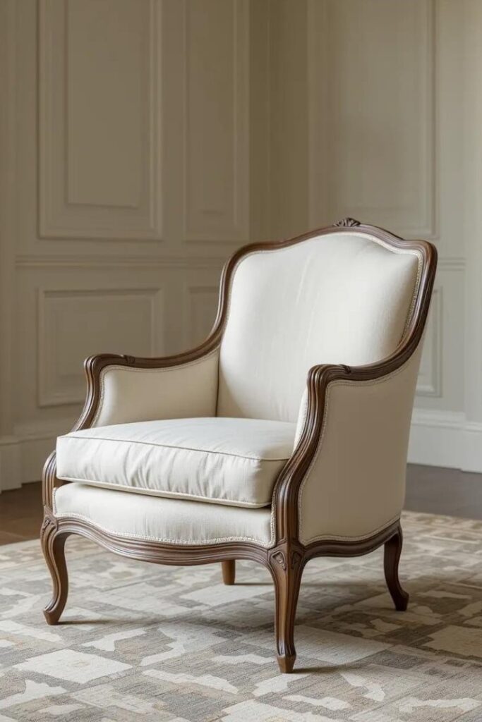 A traditional French-style Bergère chair with an exposed wood frame, upholstered in cream linen.