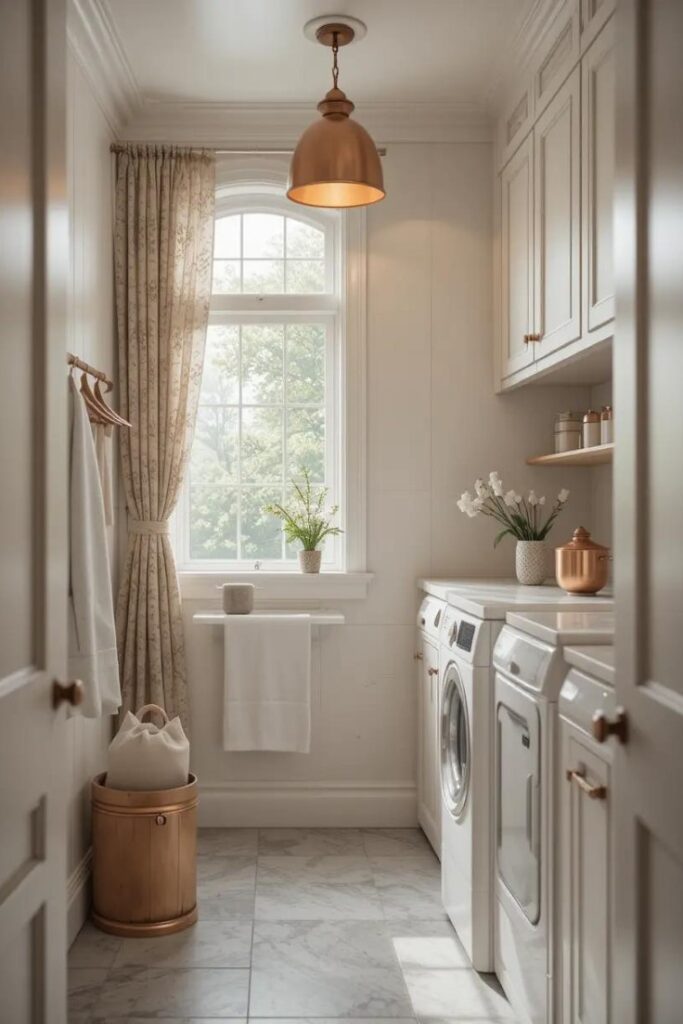 laundry space with refined copper accents.