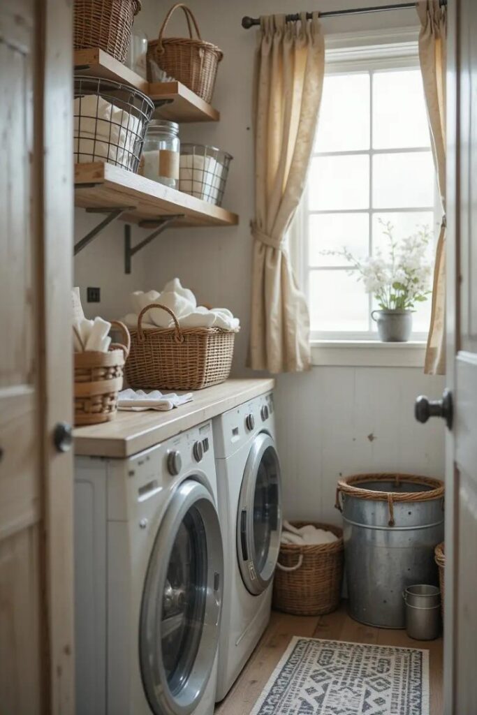 Rustic laundry room with vintage wire laundry baskets, galvanized metal buckets.