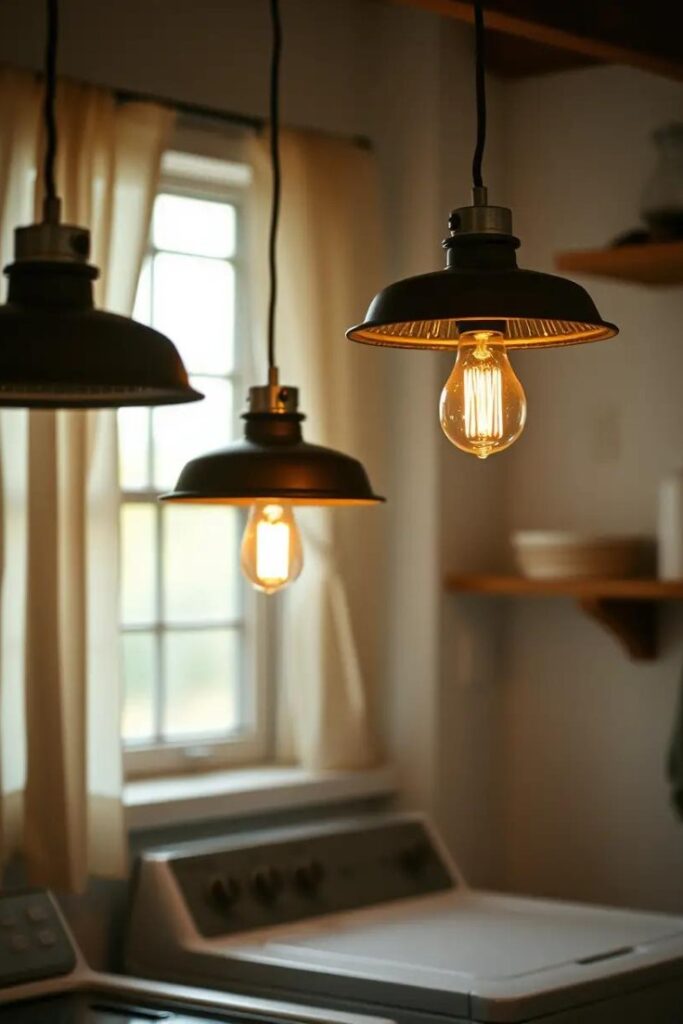 Rustic laundry room lit by industrial pendant lights with metal shades.