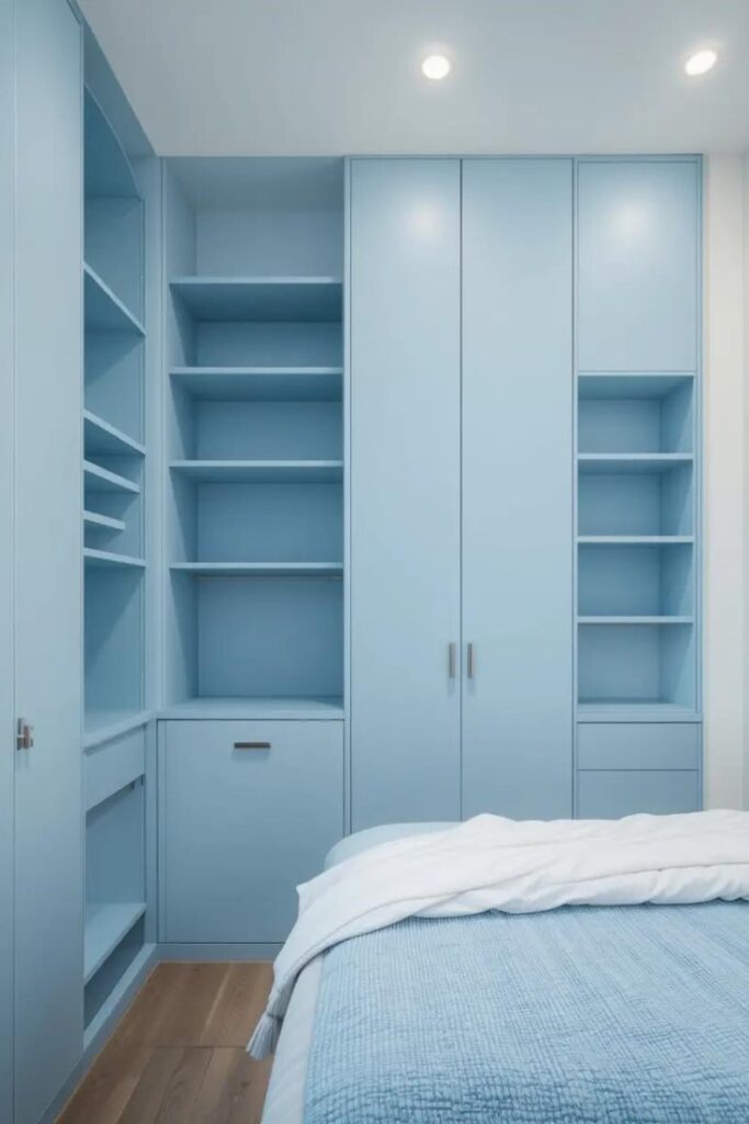 bedroom with built-in light blue storage cabinets and shelves.