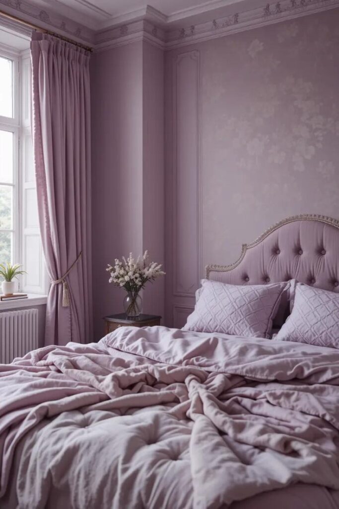  bedroom decorated entirely in soft lavender hues, featuring varying tints on the walls, bedding, and curtains with different textures.