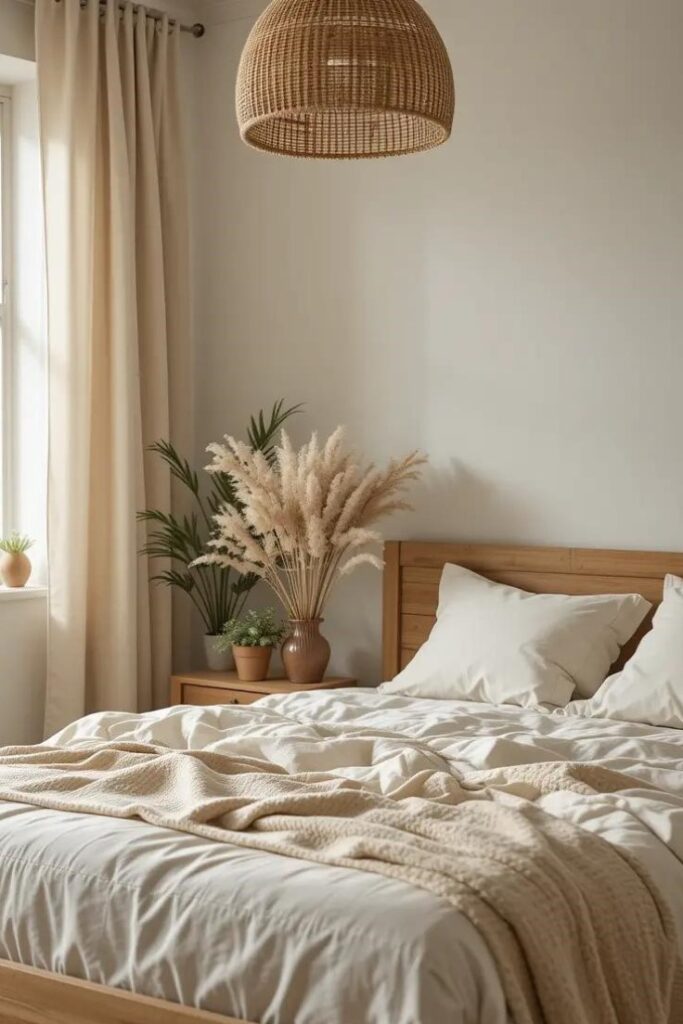 bedroom with wood, linen, and greenery.