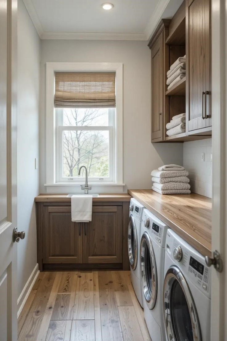 laundry room with natural wood countertops.