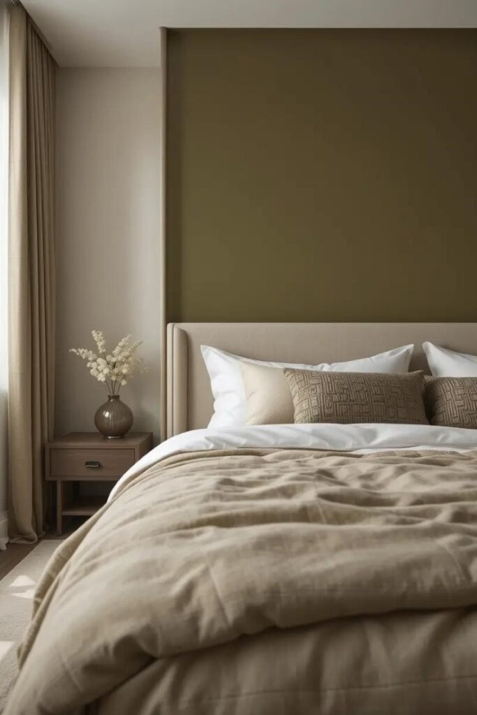 bedroom with one olive green accent wall behind the bed and a beige upholstered bed.