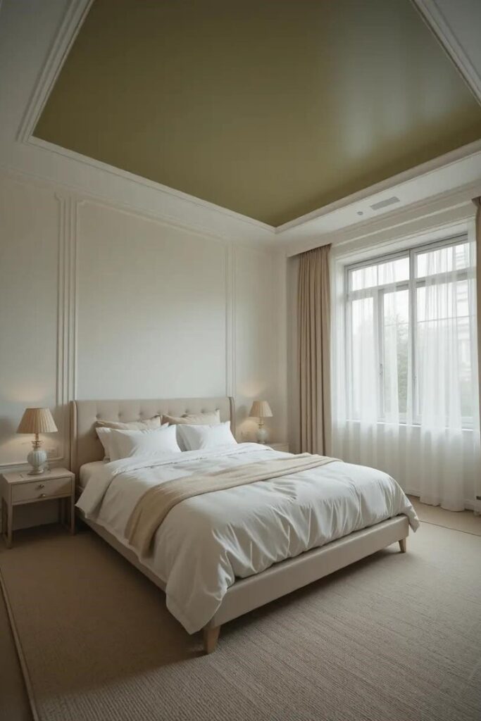 bedroom with a white and beige color scheme and an olive green ceiling.