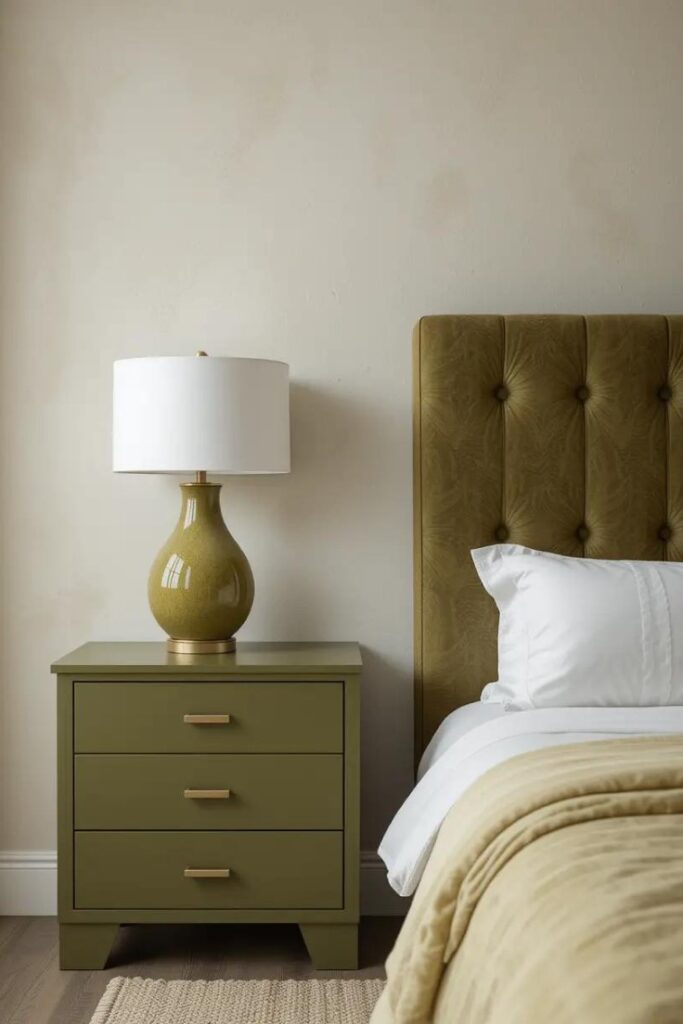 bedroom with neutral walls and bold olive green furniture.