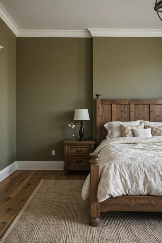 bedroom with olive green walls, rustic wooden furniture including a bed frame and dresser.