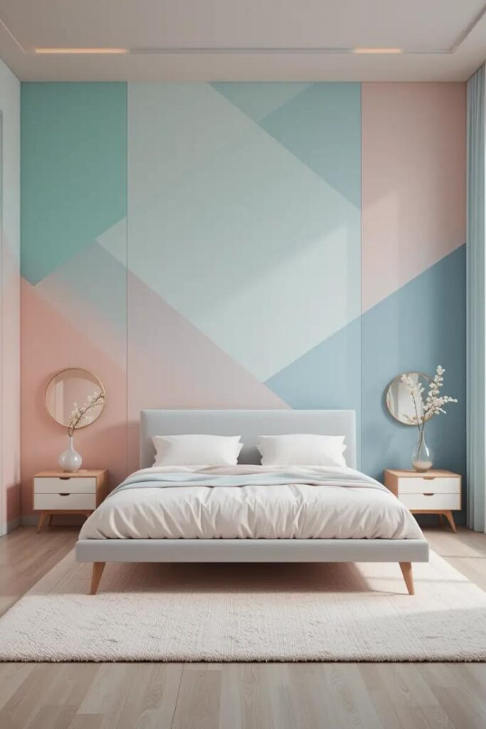 pastel bedroom with geometric color-blocked walls.