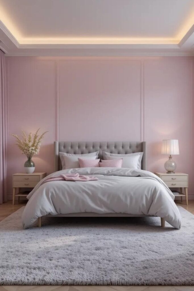 bedroom featuring pale pink and lavender accents combined with gray bedding, gray area rug.