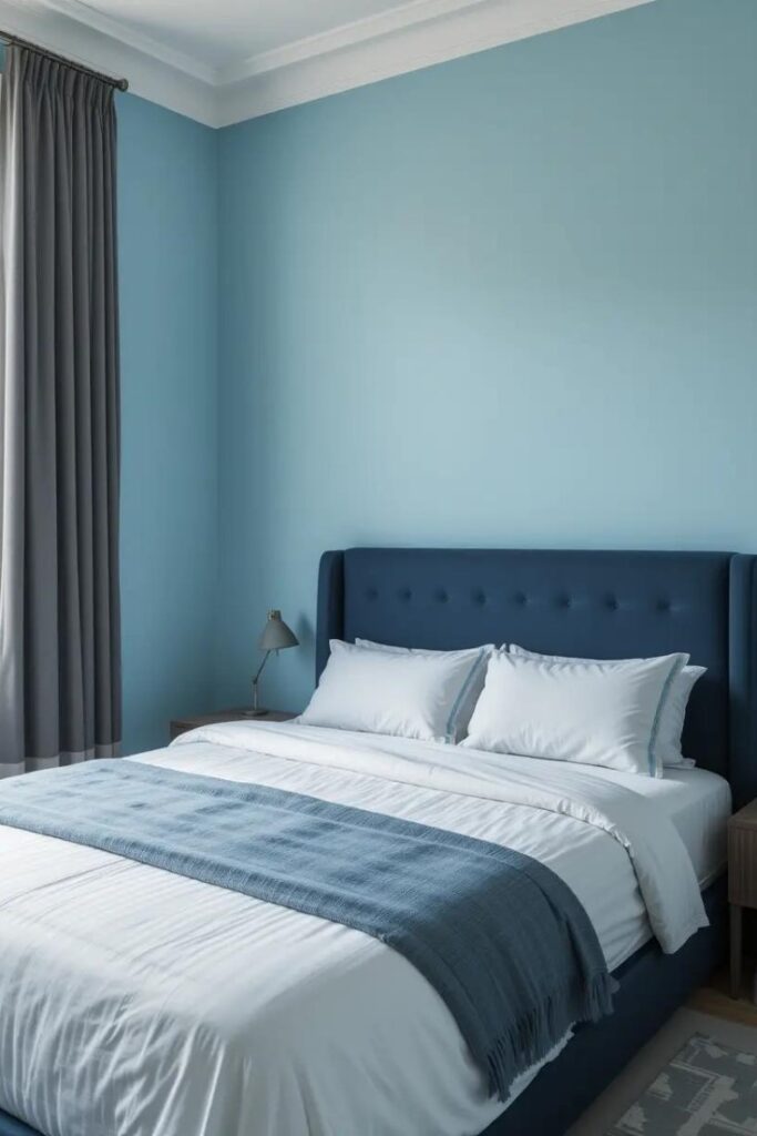 A pastel bedroom with light blue walls contrasted by a dark navy bed frame, charcoal gray curtains.