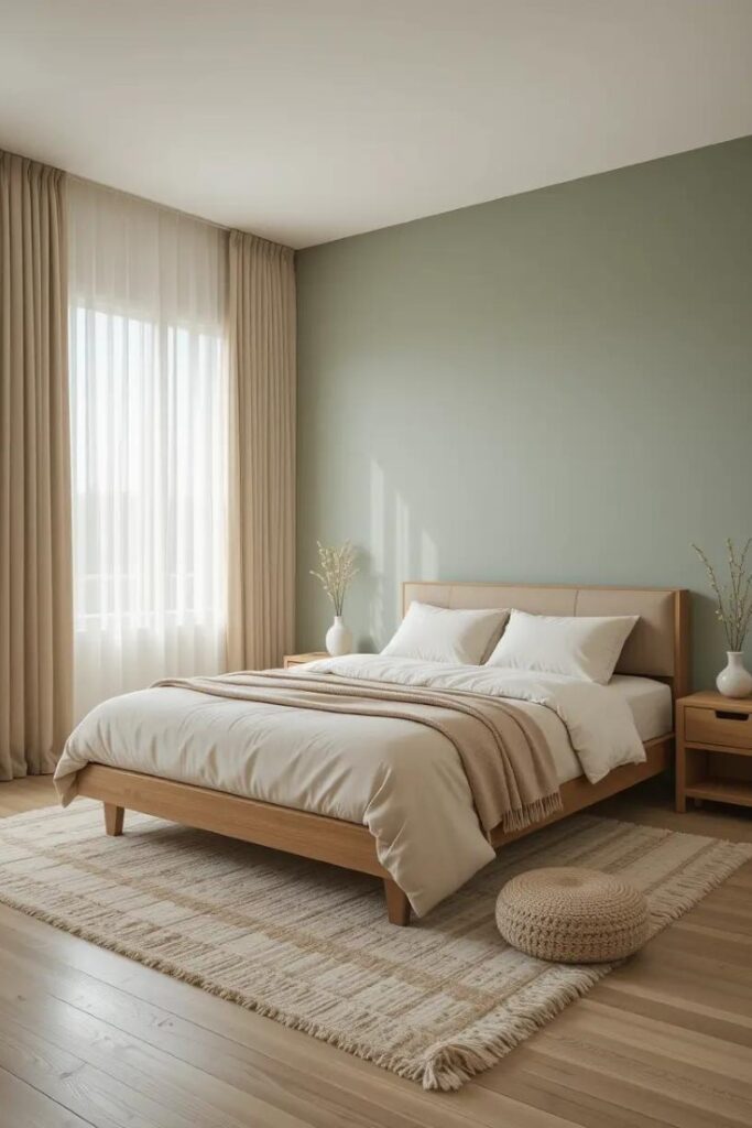 bedroom with painted walls in soft neutral tones. The bed sits against an accent wall in sage green.