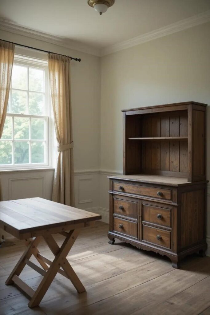  laundry room with an antique dresser used for storage, reclaimed wooden folding table.