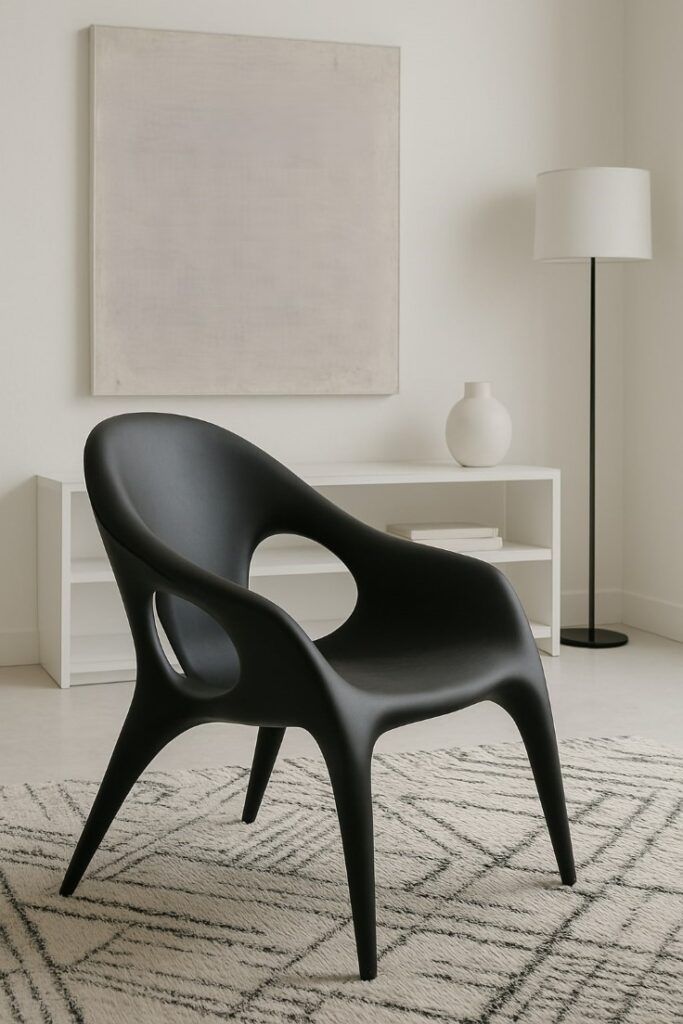 A bold statement chair with an artistic form, made of molded plastic and metal.