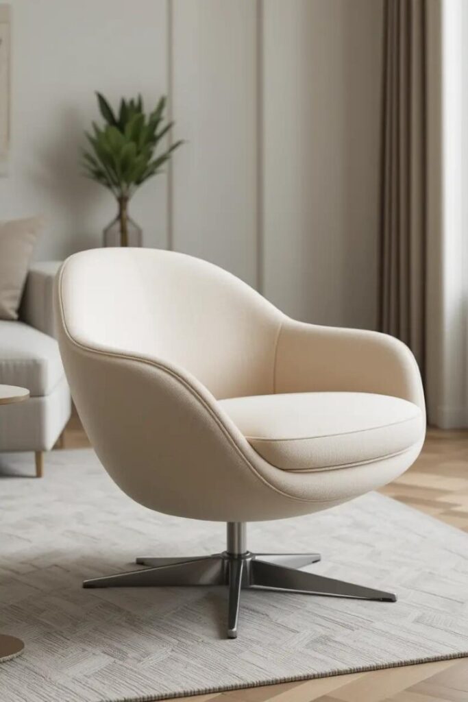 A modern swivel accent chair in a living room, upholstered in creamy fabric with sleek curves and a metal base.