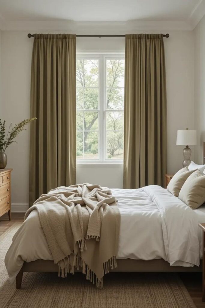 neutral bedroom with soft olive green velvet curtains.
