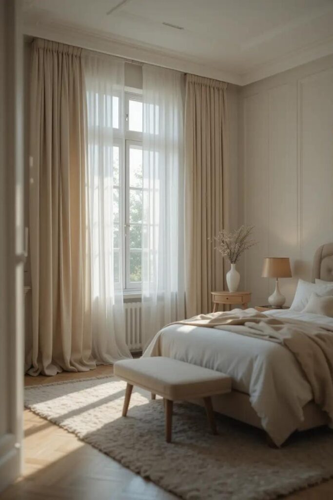 a neutral bedroom with a fiber rug and a wooden nightstand.