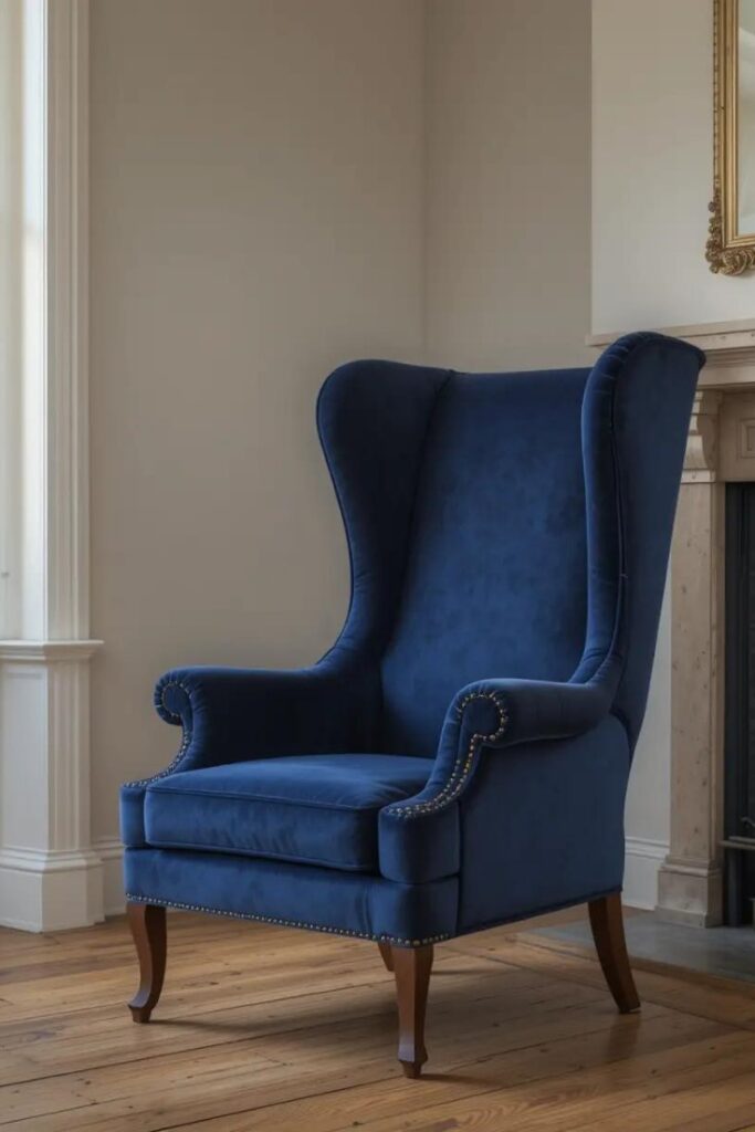 A classic wingback accent chair in a living room, featuring tall back, curved wings, and rich navy velvet upholstery.