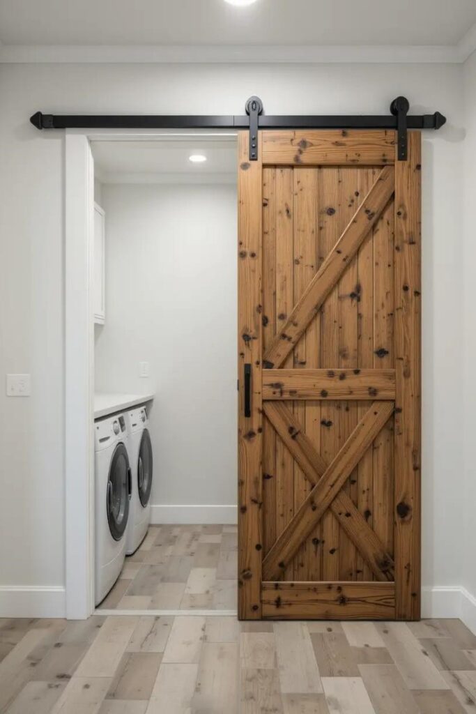 laundry room entrance with a sliding barn door in reclaimed wood.