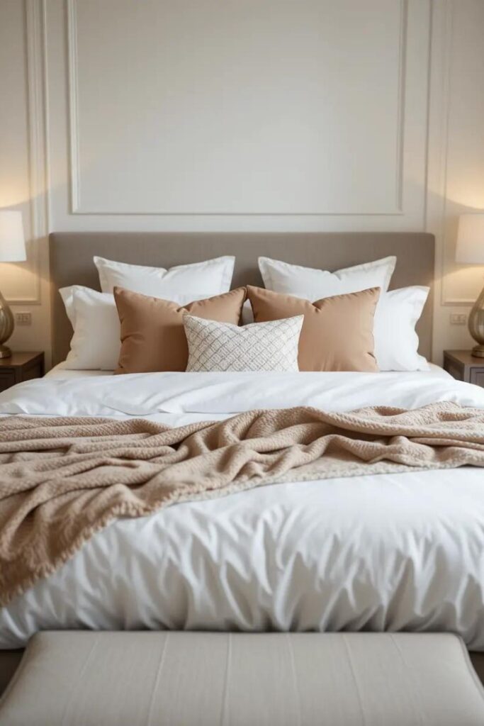 bedroom with bed at the center, crisp white sheets, a warm-toned comforter, and layered pillows.