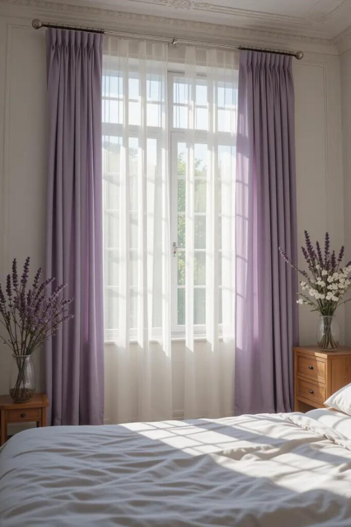 A bedroom with lavender curtains. The room has neutral walls.